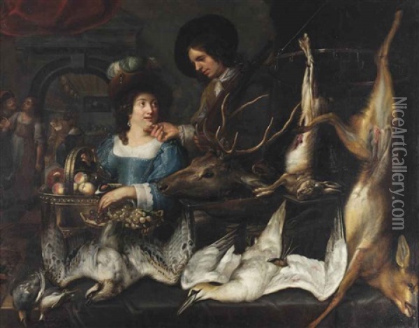 A Man And A Woman With The Day's Hunt, The Head Of A Red Deer, A Hare, A Roe Deer, A Hawk, A Northern Gannet And Fruits Displayed On A Table... Oil Painting - Jan Cossiers