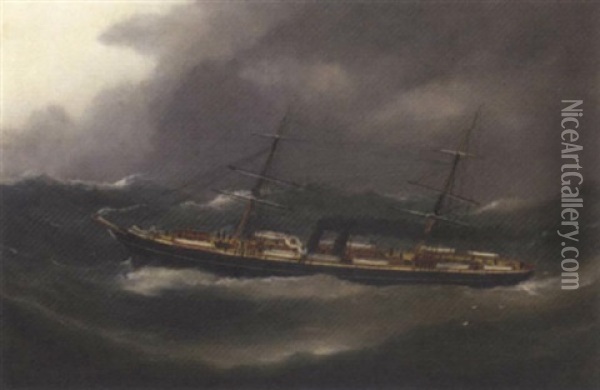 A P. & O. Steamer Reefed Down In Heavy Seas Oil Painting - Edouard Adam
