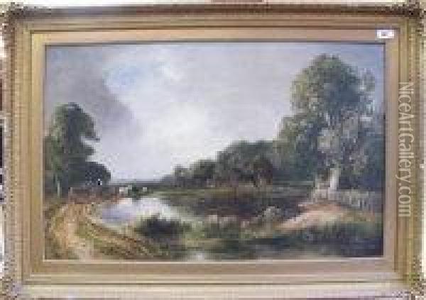 Wagon And Horses By A Wooded Lake Oil Painting - James Price