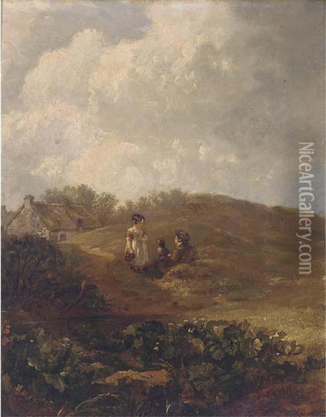 Children And A Dog In A Landscape Oil Painting - Robert Gibb