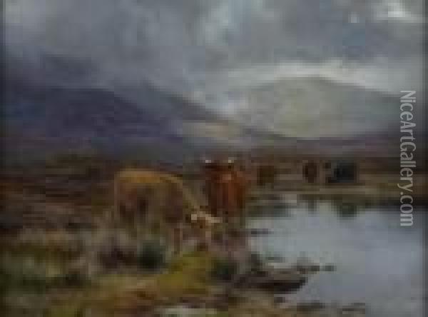 Highland Cattle Watering In A Mountain Lochan Oil Painting - Louis Bosworth Hurt