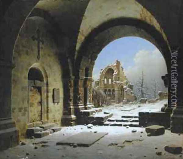 Cloister Ruins in Winter Oil Painting - Carl Georg Adolph Hasenpflug