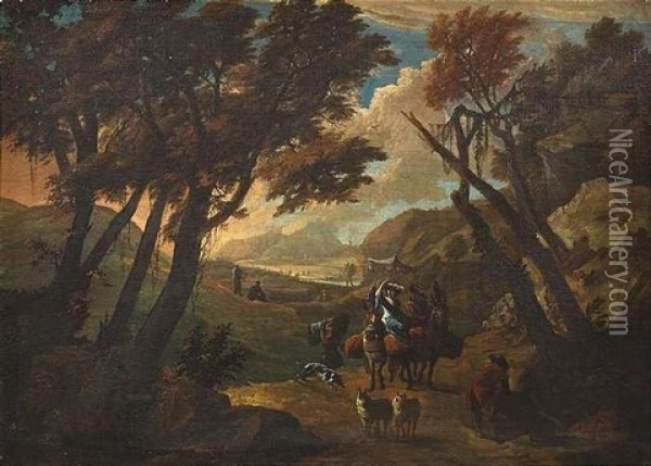 Vornehme Reisende Auf Maultieren In Italienischer Landschaft Oil Painting - Philips Augustyn Immenraet