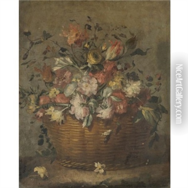 A Still Life With Roses, Tulips And Various Other Flowers In A Basket On A Ledge Oil Painting -  Pseudo Guardi