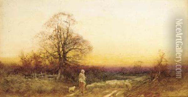 A Shepherd And Sheep On A Country Lane At Sunset Oil Painting - Henry John Sylvester Stannard