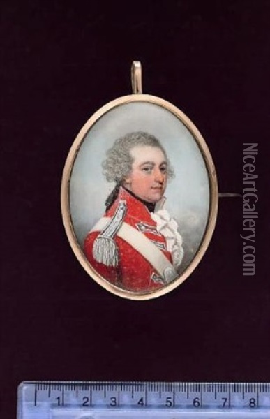 An Officer Wearing Scarlet Coatee With Scarlet Facings, Silver Lace Epaulettes And  Bastion Pattern Panels, White Leather Shoulder Belt With Oval Silver Plate Oil Painting - Frederick Buck
