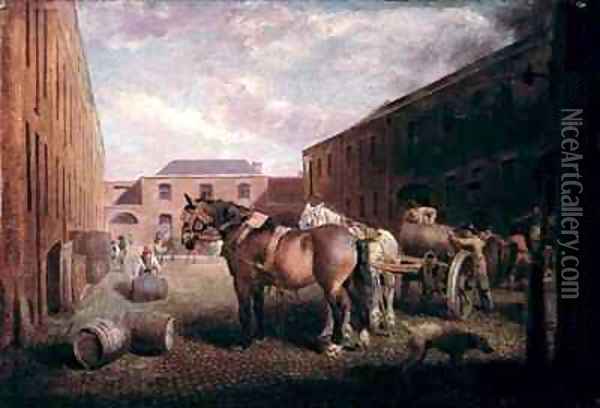 Loading the Drays at Whitbread Brewery Chiswell Street London Oil Painting - George Garrard