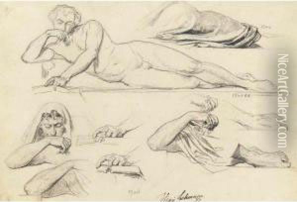 Studies Of A Reclining Nude Oil Painting - Henri Lehmann