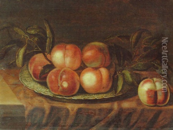 Peaches On A Porcelain Dish, On A Partly Draped Ledge Oil Painting - Bartholomeus Assteyn