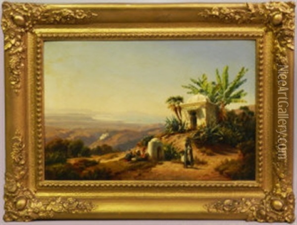 North African Mountainous Landscape Scene With Shrine And Figures Resting And Carrying Water Oil Painting - Curt Victor Clemens Grolig