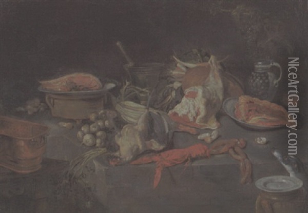 Kuchenstilleben Mit Lebensmitteln, Geschirr Und Morser Oil Painting - Pieter Van Boucle