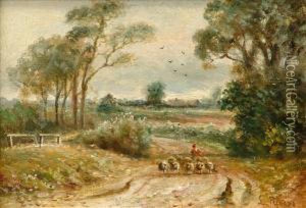 Sheep And Shepherdon A Country Lane Oil Painting - Leopold Rivers