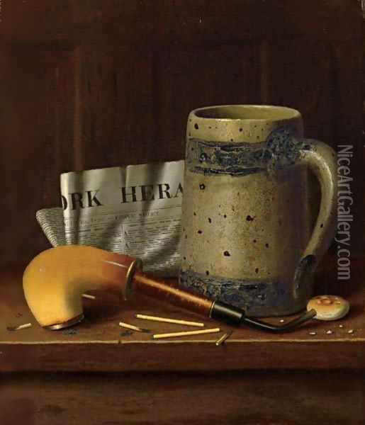Still Life With Mug, Pipe And New York Herald (New York Herald, March 10, 1880) Oil Painting - William Michael Harnett