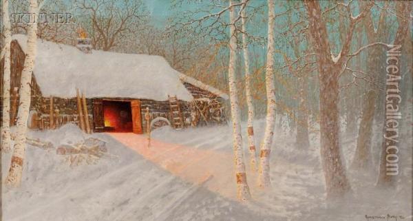 Blacksmith Shop In Winter Twilight Oil Painting - Gulbrand Sether