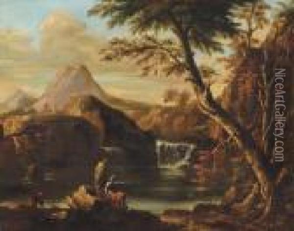 Figures Fishing By A River, An Extensive Landscape Beyond Oil Painting - Salvator Rosa