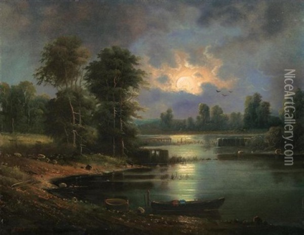 Woodland Lake By Moonlight Oil Painting - Aleksandr Vasil'evich Gine