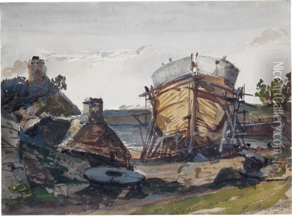An Inlet, With A Boat Under Construction Oil Painting - Eugene Isabey