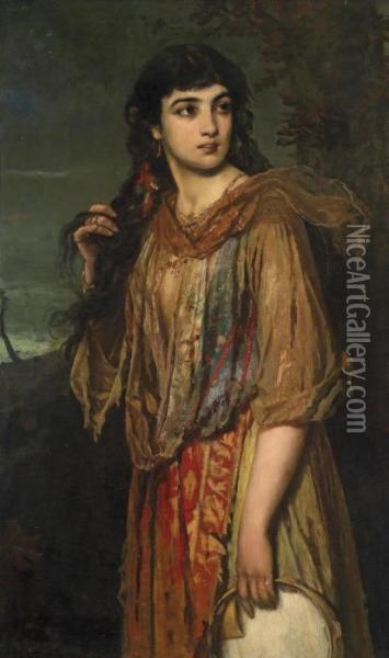 Circle Gypsy Girl With Tambourine Oil Painting - Anton Romako