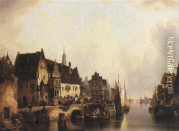 German Town Scene Oil Painting - Ludwig Hermann