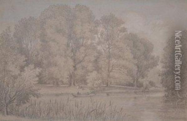 Man In A Punt Boat In A Tree Lined Lake Oil Painting - William Alfred Delamotte