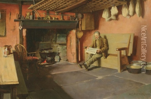 Interior Domestic Scene With A Man Reading The Paper Oil Painting - Herbert E. Butler