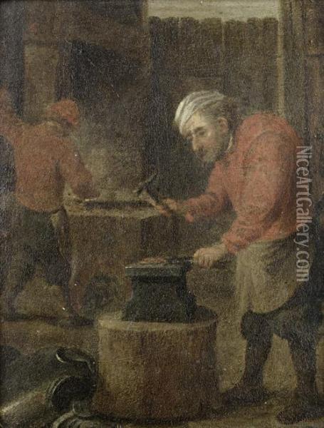 A Blacksmith Forging Armour Oil Painting - David The Younger Teniers