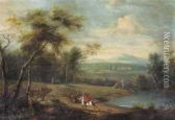 A Wooded River Landscape With Falconiers On Horseback, A Mansionbeyond Oil Painting - Frederick De Moucheron