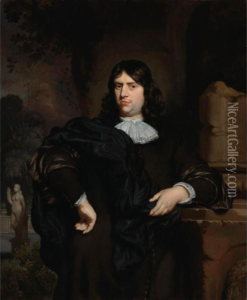 Sold By The J. Paul Getty Museum To Benefit Future Painting Acquisitions
 

 
 
 

 
 A Portrait Of A Gentleman, Standing Three-quarter Length, Wearing A Black Coat With A White Collar And A Black Clo Oil Painting - Nicolaes Maes
