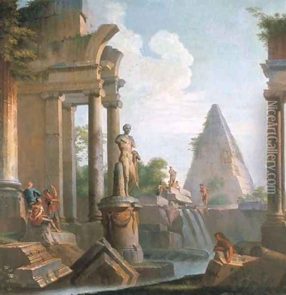A capriccio of classical ruins with the Pyramid of Cestius Oil Painting - Giovanni Paolo Panini