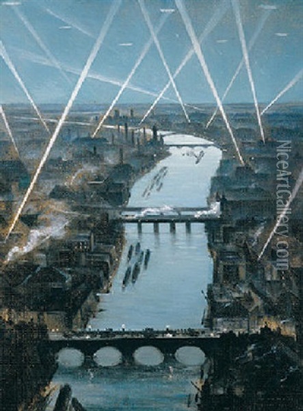 Among London Searchlights Oil Painting - Christopher Richard Wynne Nevinson