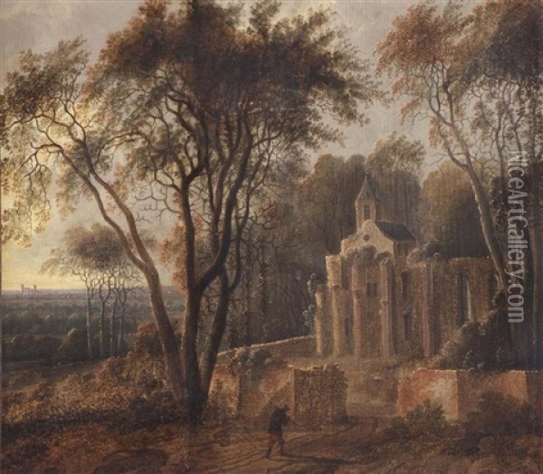 A Wooded Landscape With A Traveller Near A Ruin Of An Abby Oil Painting - Jacob Van Der Croos