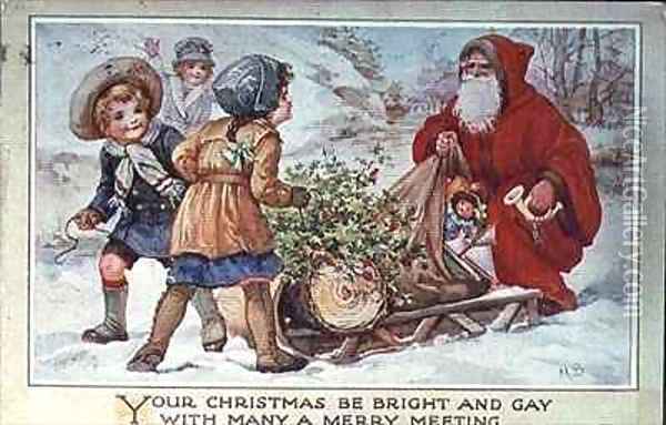 Children and Father Christmas with a Sleigh Oil Painting - A.L. Bowley
