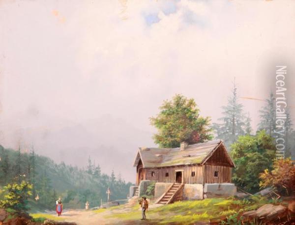 Alpine Landscape With A Log House And Staffage Oil Painting - Josef Navratil
