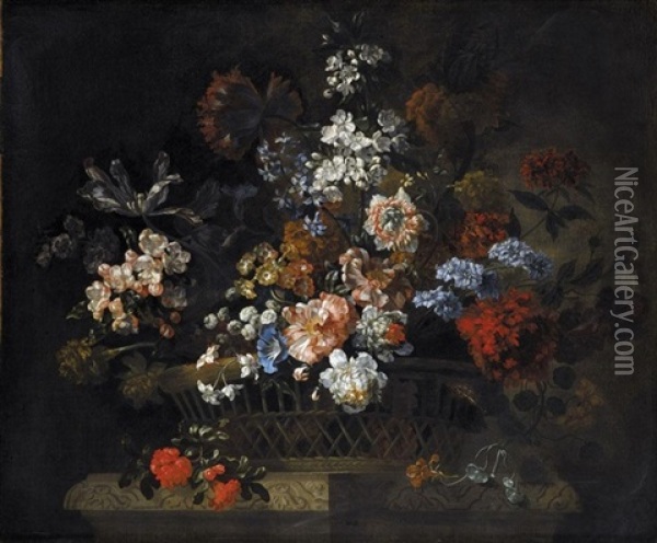 Still Life Of Flowers In A Basket Oil Painting - Pieter Casteels III