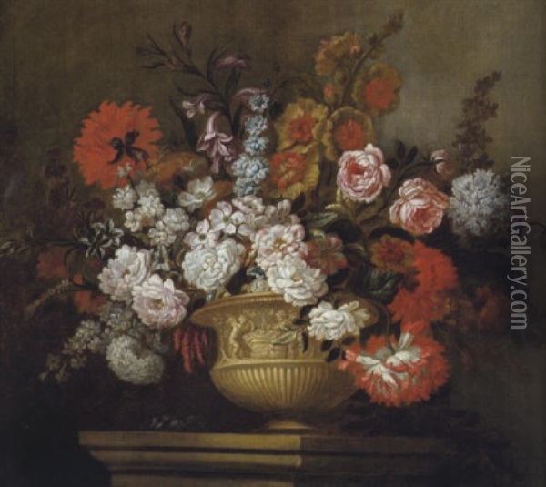 Blumenstraus In Einer Figural Verzierten Tonvase Oil Painting - Pieter Casteels III