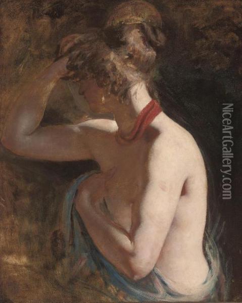 Study Of A Female Nude, 
Half-length, Draped In A Blue Wrap With A Red Scarf Around Her Neck Oil Painting - William Etty