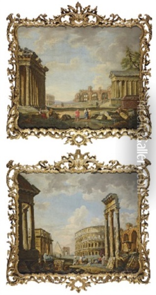 An Architectural Capriccio With The Arch Of Constantine, The Colosseum And Columns Of The Temple Of The Dioscuri (+ Another; Pair) Oil Painting - Giovanni Paolo Panini