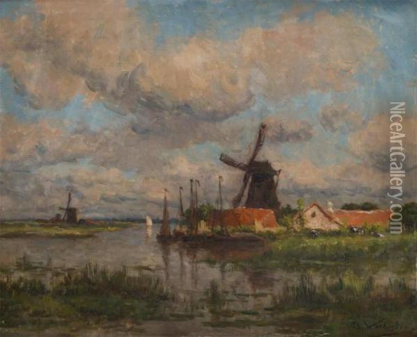 Cours D'eau Avec Bateaux De Peche Et Moulins Oil Painting - Isidore Verheyden