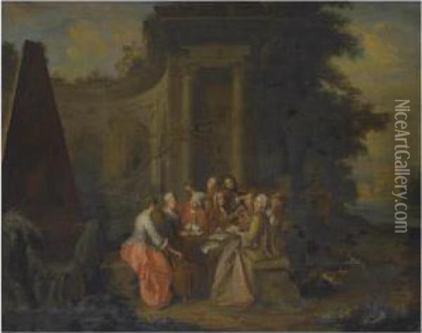 An Elegant Musical Company Beside Classical Ruins Oil Painting - Peter Jacob Horemans