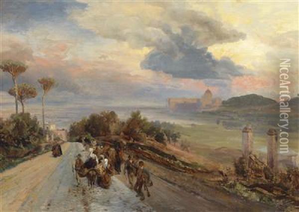 Via Cassia Near Rome With View Of The Vatican Oil Painting - Oswald Achenbach