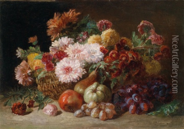 Herbstliches Stillleben Mit Blumenkorb Und Fruchten Oil Painting - Jules Antoine Pelletier