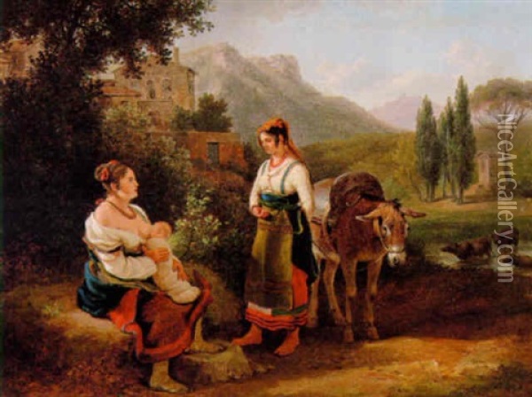 To Italienerinder, Der Holder Hvil I Vejkanten Oil Painting - Peter (Johann P.) Raadsig
