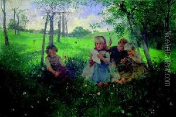 Spielende Kinder Auf Der Wiese. Oil Painting - Conrad Grob