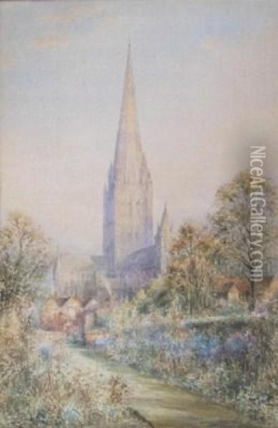 Salisbury Cathedral From A Garden In The Close Oil Painting - Herbert John Finn