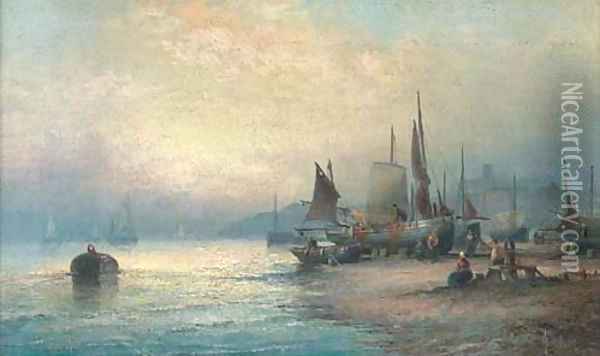 Fisherfolk on the foreshore at Whitby at dusk Oil Painting - William A. Thornley or Thornbery