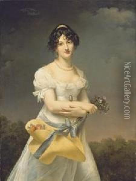 Portrait D'amelie-justine Laidin De La Bouterie, Nee Pontois, Tenant Un Chapeau Rempli De Fleurs Oil Painting - Adele Romany