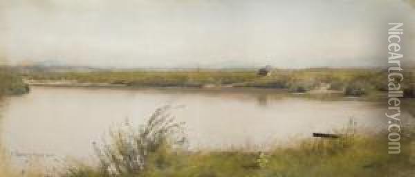 Vue D'un Lac Dans La Campagne Romaine, Des Collines A L'arriere-plan Oil Painting - Giulio Artistide Sartorio