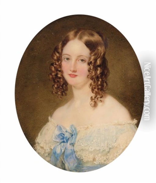 Portrait Miniature Of Eleanor Frances Johnstone, Daughter Of Sir Francis Hopkins Head And Shoulders Wearing A White Dress Oil Painting - Sir William Charles Ross