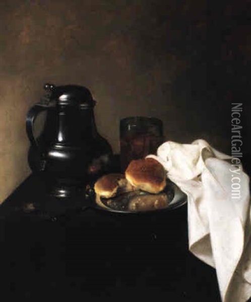 Still Life With A Pewter Flagon, Two Rolls And A Napkin (breakfast Still Life) Oil Painting - Jan Jansz Uyl the Elder