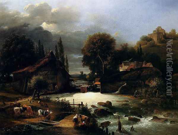A Farm On A River Oil Painting - Guillaume Frederic Ronmy